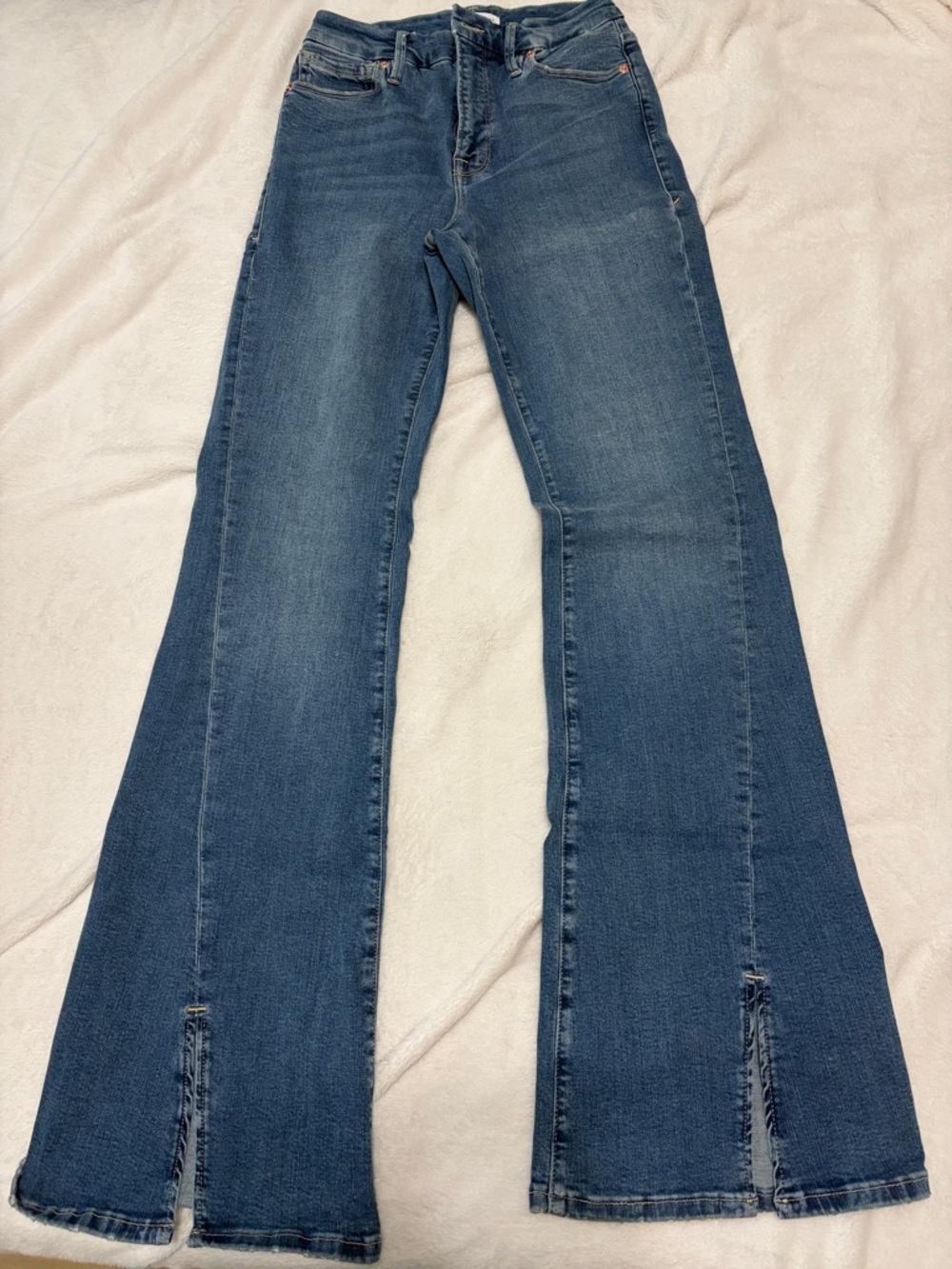 Good American Dark Blue High-Rise Flare Jeans with Front Slits